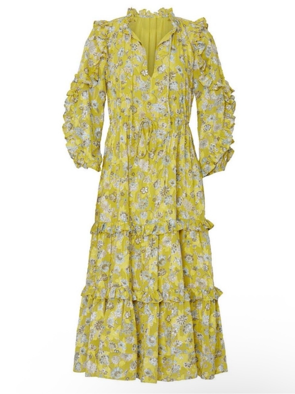 Alexis Auja Chiffon Embossed Yellow Floral Tiered Midi Dress with Ruffle Detail